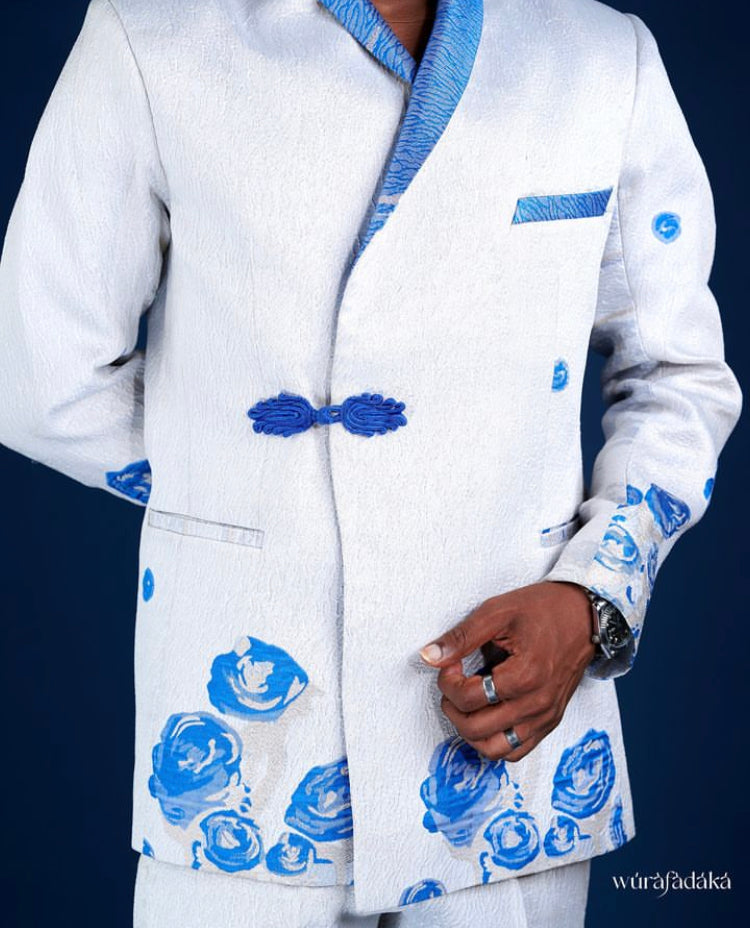 White and Royal blue patterned Shirtless suit